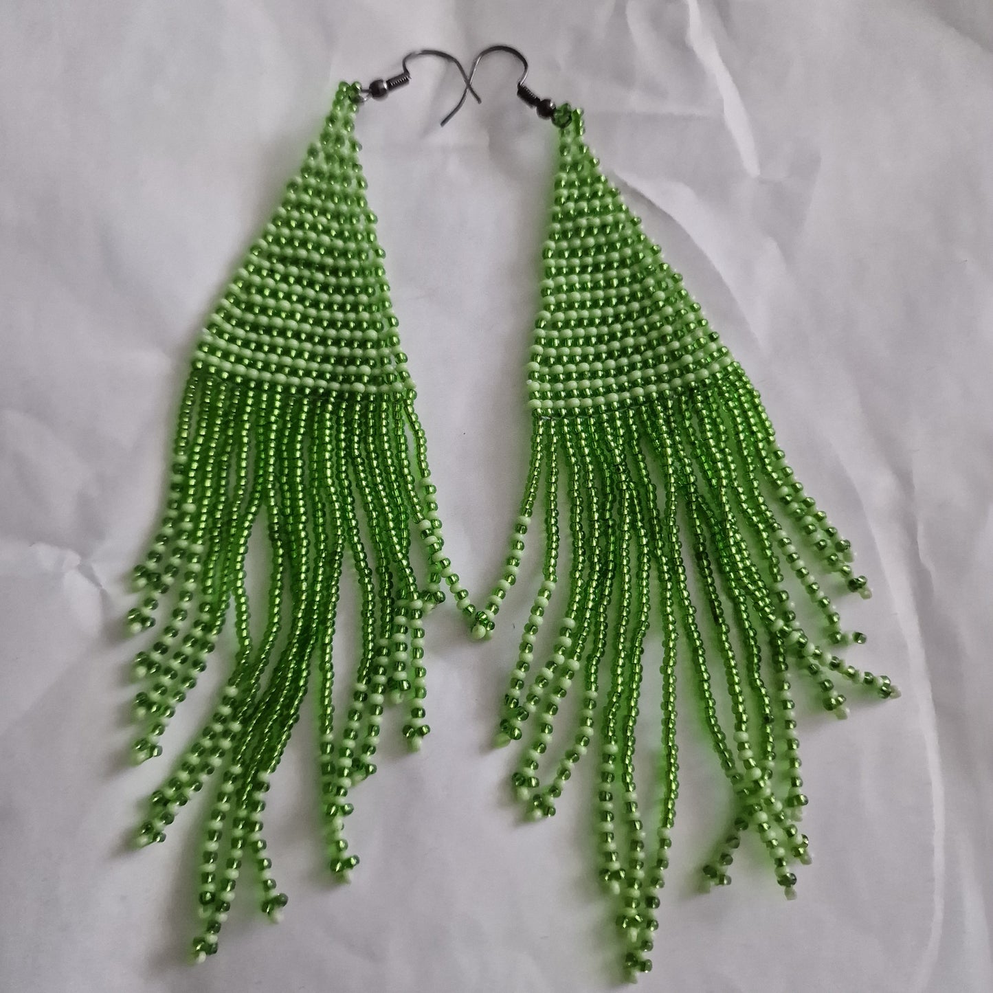 Green Tassels Long Drop Earrings Handmade Colourful