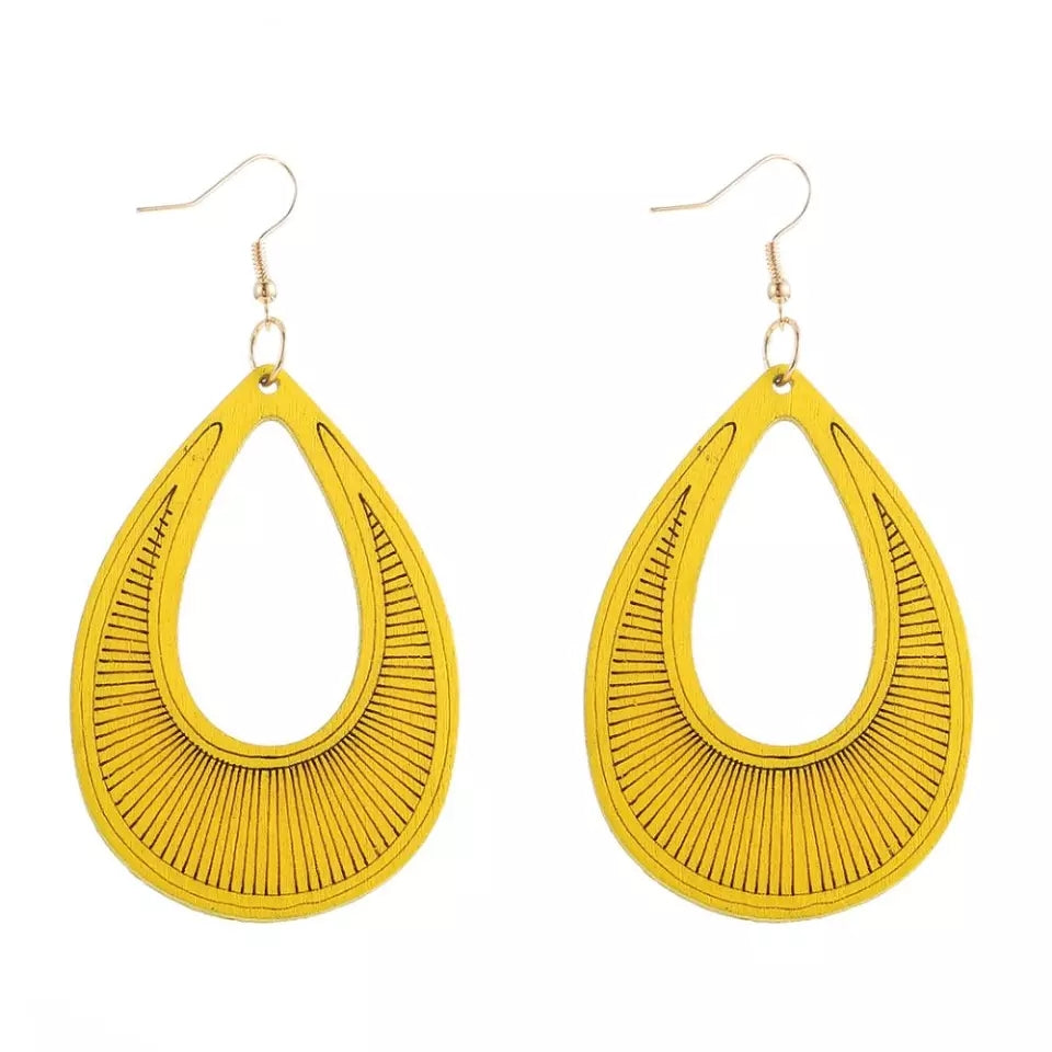 Yellow pendant wooden earrings