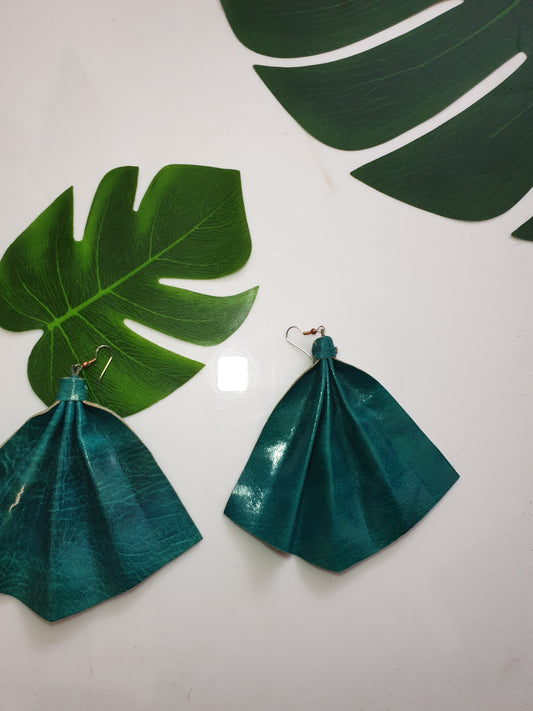 Leather fan statement earrings - Sky Blue