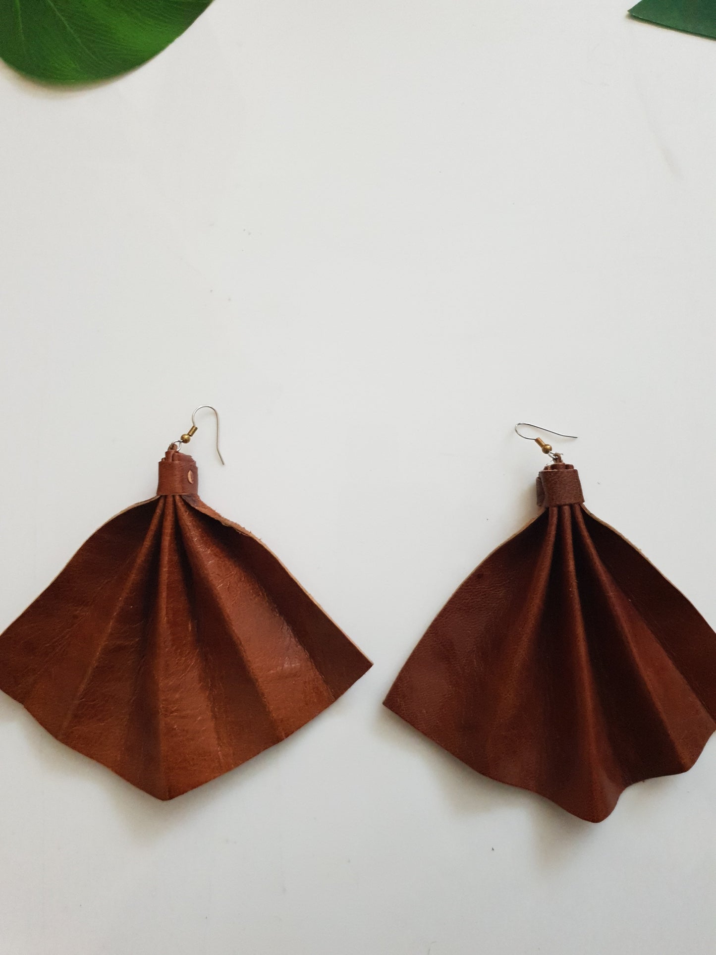 Leather fan statement earrings - tan