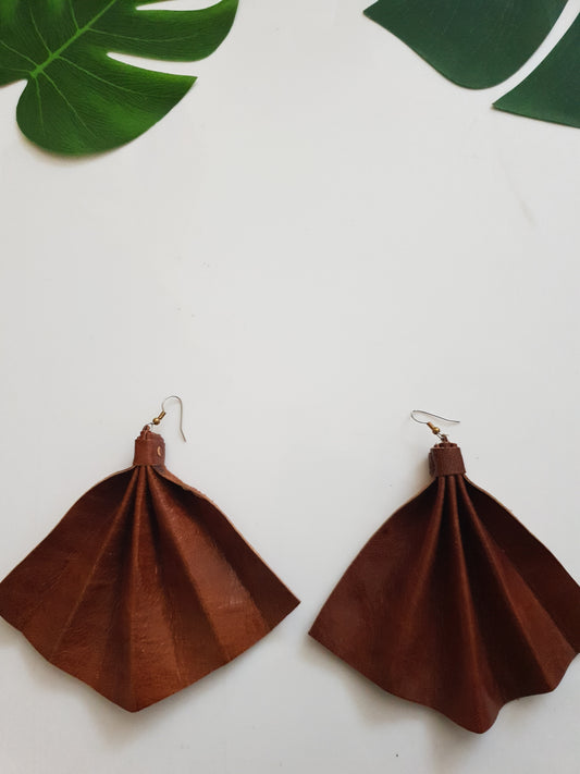 Tan Leather fan shaped statement earrings