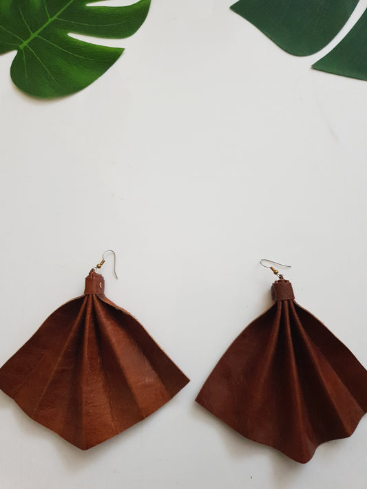 Leather fan statement earrings - tan