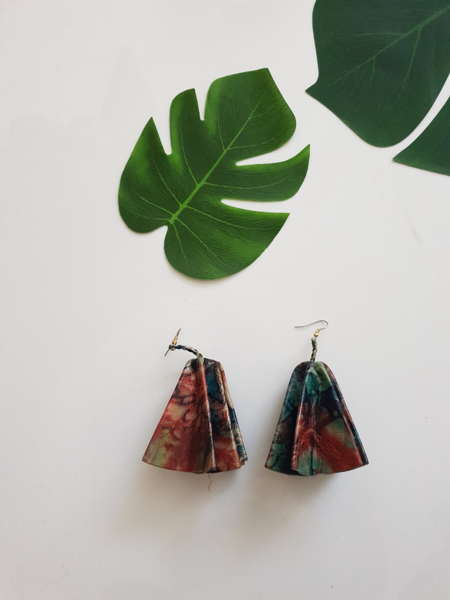 Leather statement earrings - batik print