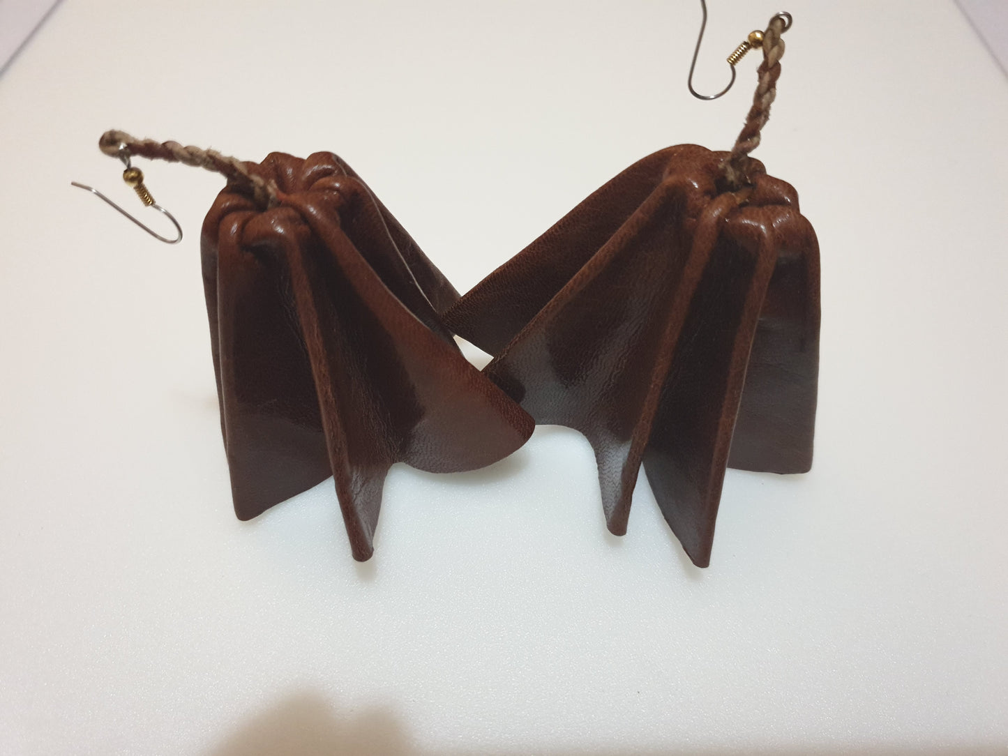 Leather statement parachute style earrings - brown