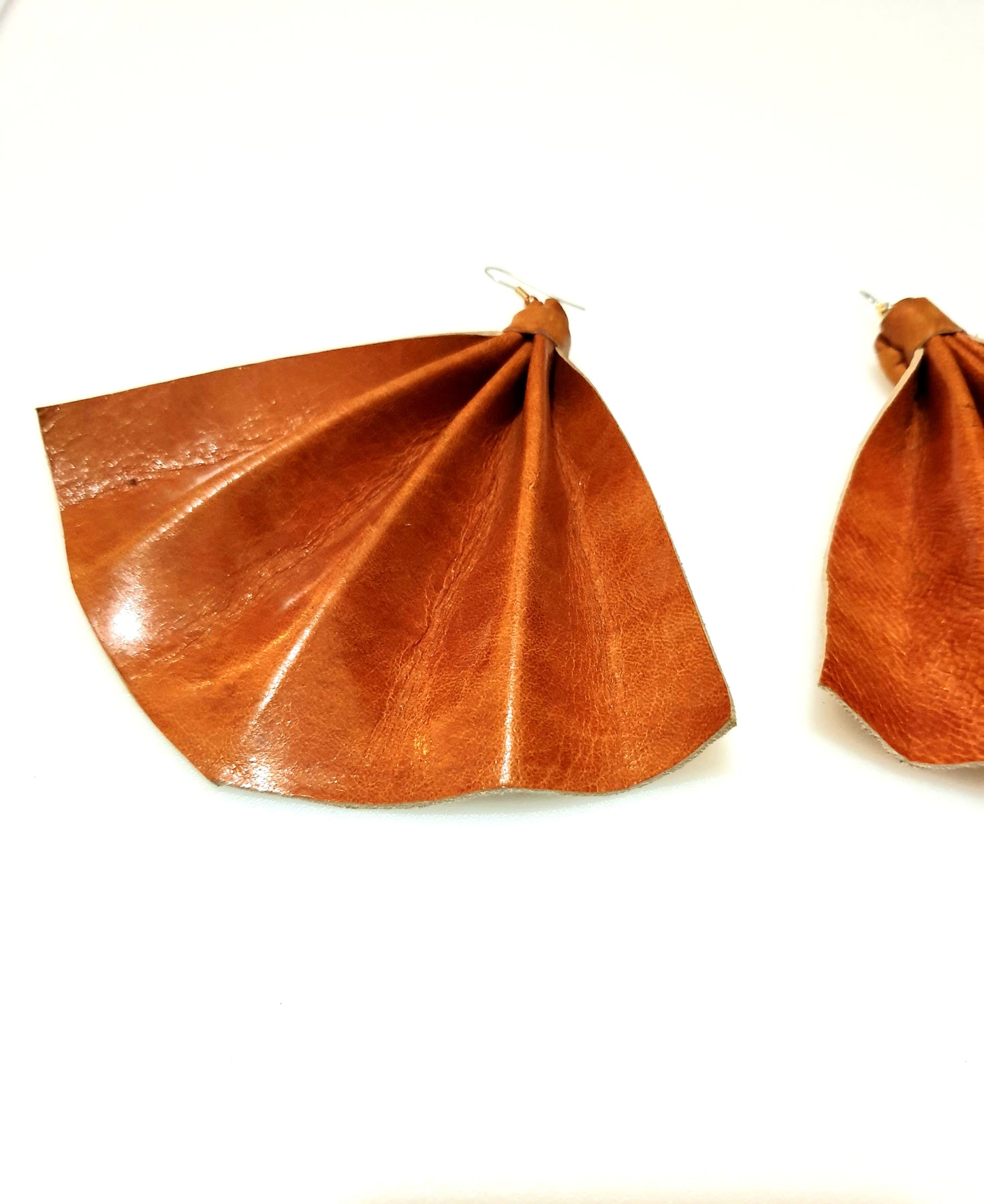 Leather fan statement earrings - tan