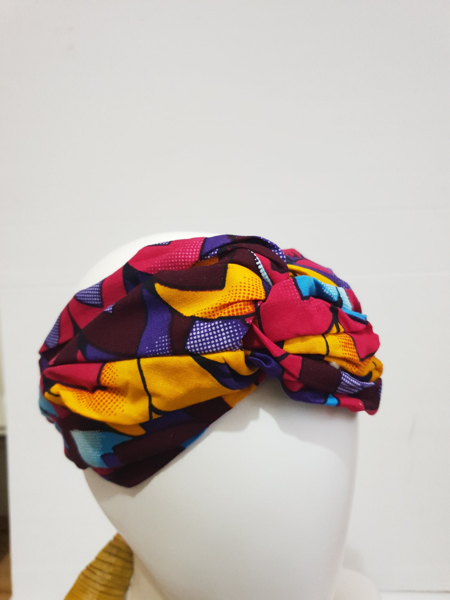 Pink, brown and yellow multi-colour African print turban style headband