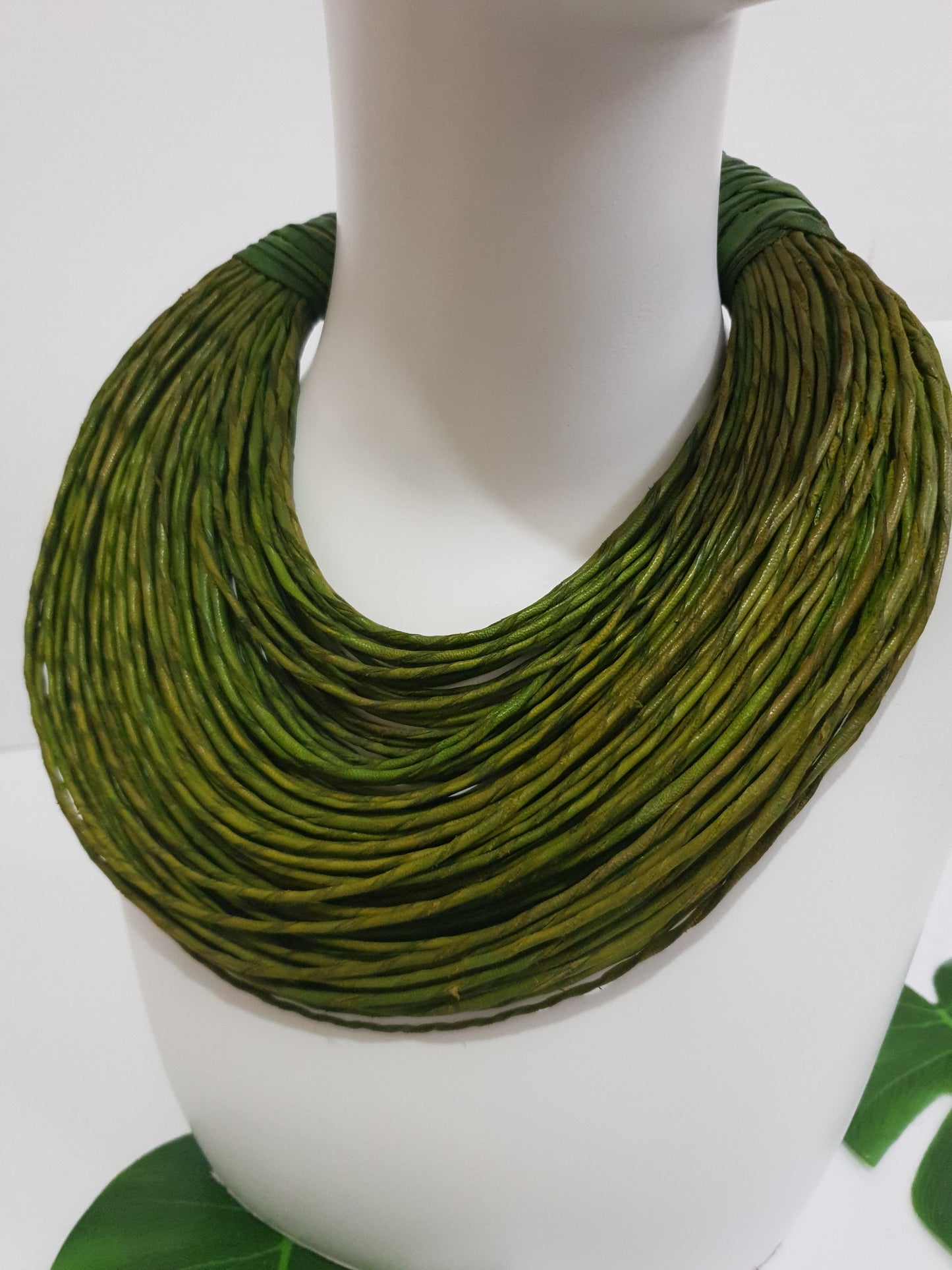 Lime green leather layered statement necklace