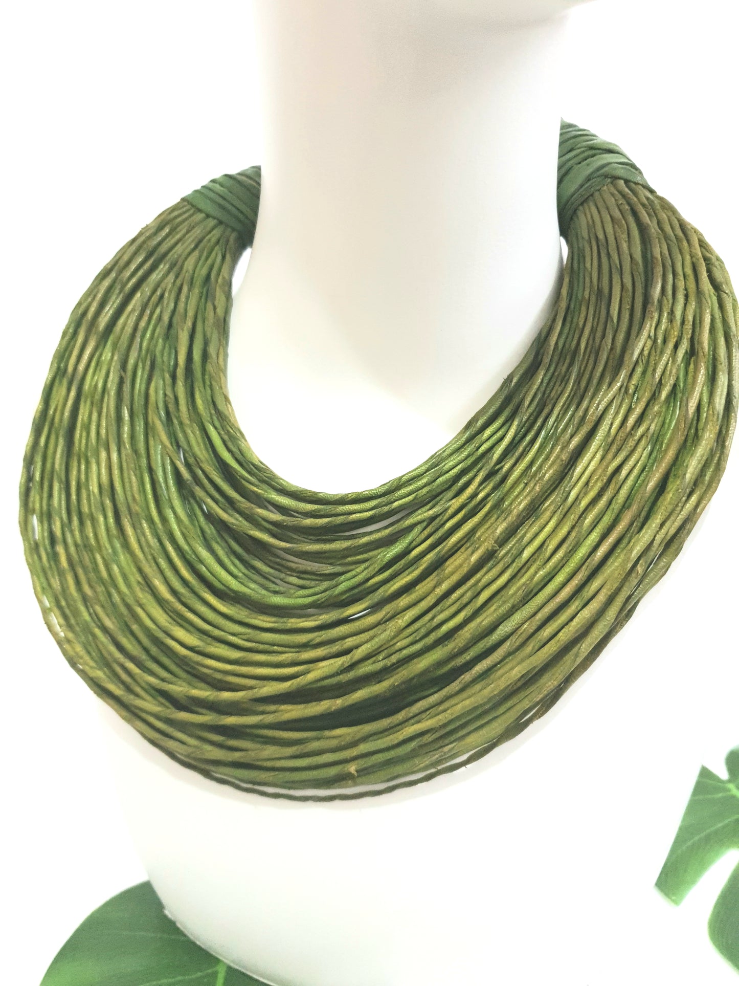 Lime green leather layered statement necklace