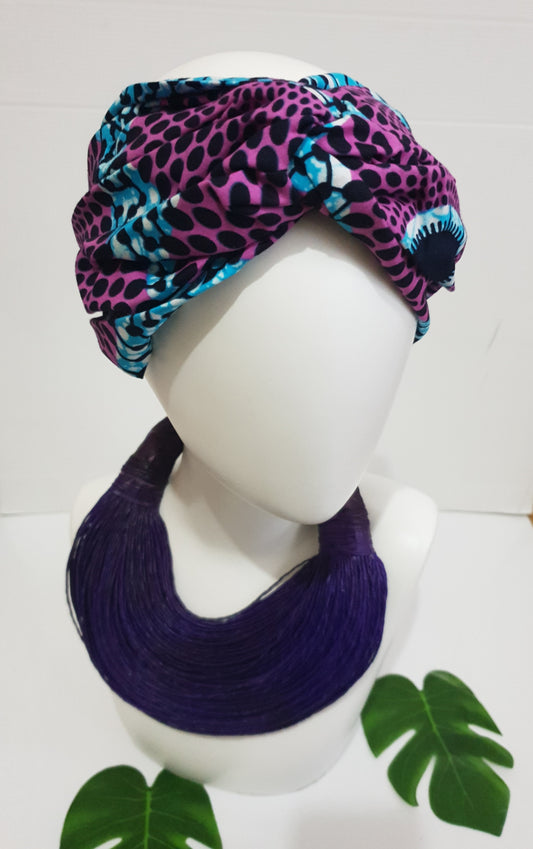 Purple and blue print turban style headband