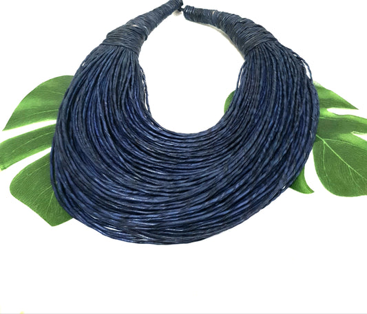 Indigo blue leather layered statement necklace