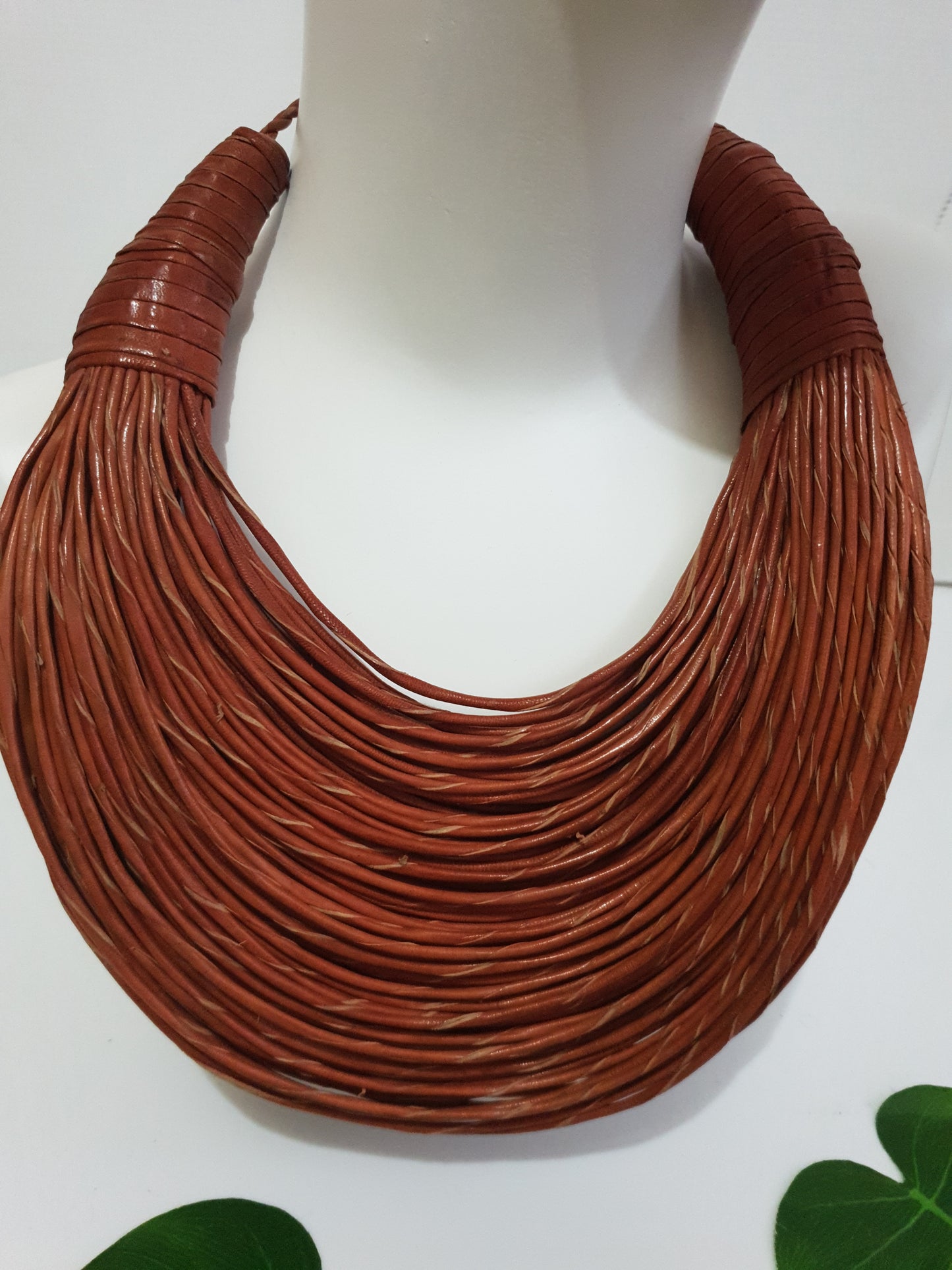 Light brown - tan leather layered bib statement necklace