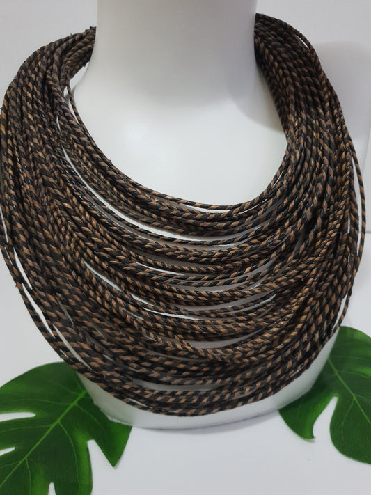 Brown mix leather layered bib statement necklace