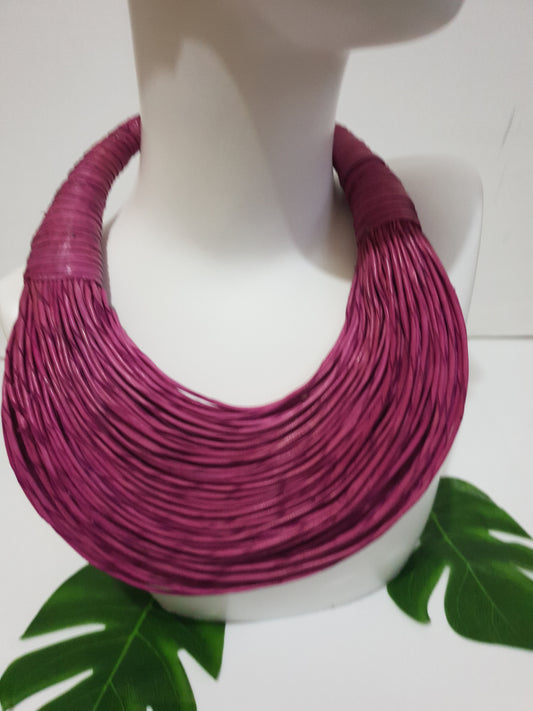 Pink fuschia leather layered bib statement necklace