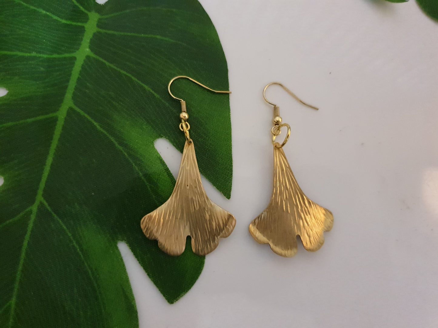 Raw brass textured Ginkgo Leaf Earrings