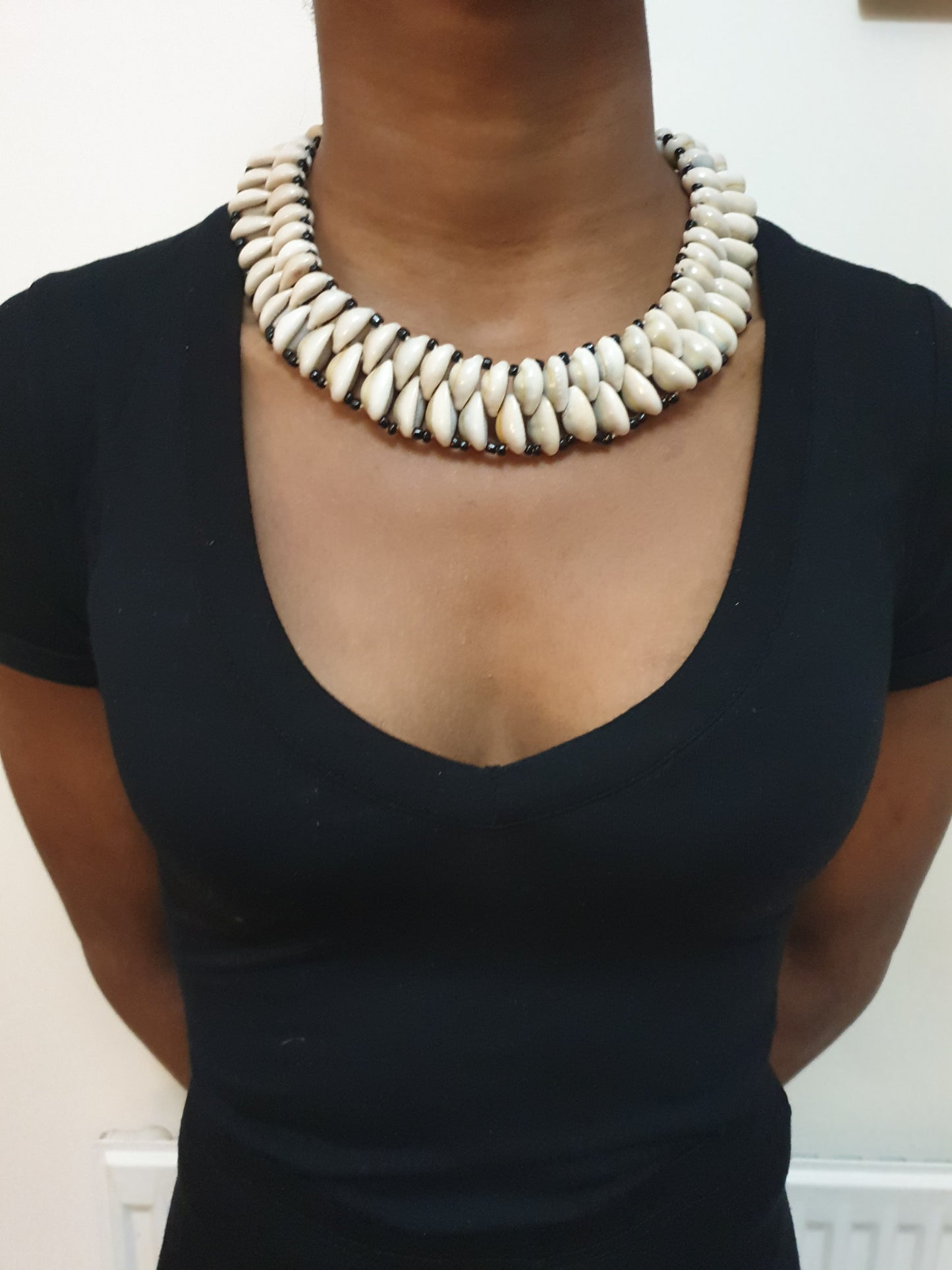 Cowrie shell bead choker necklace
