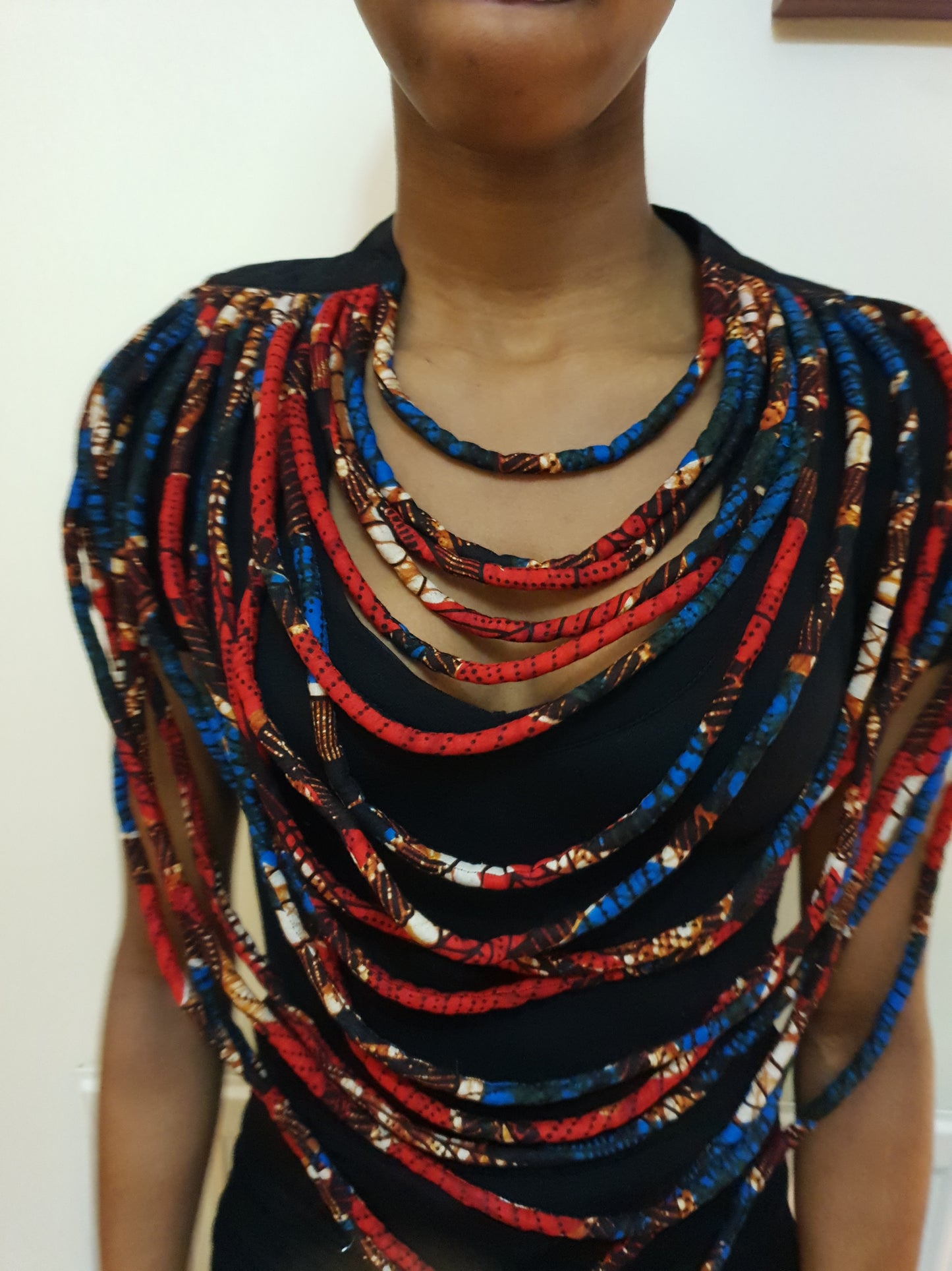 Red and blue African fabric large multi-layered statement necklace