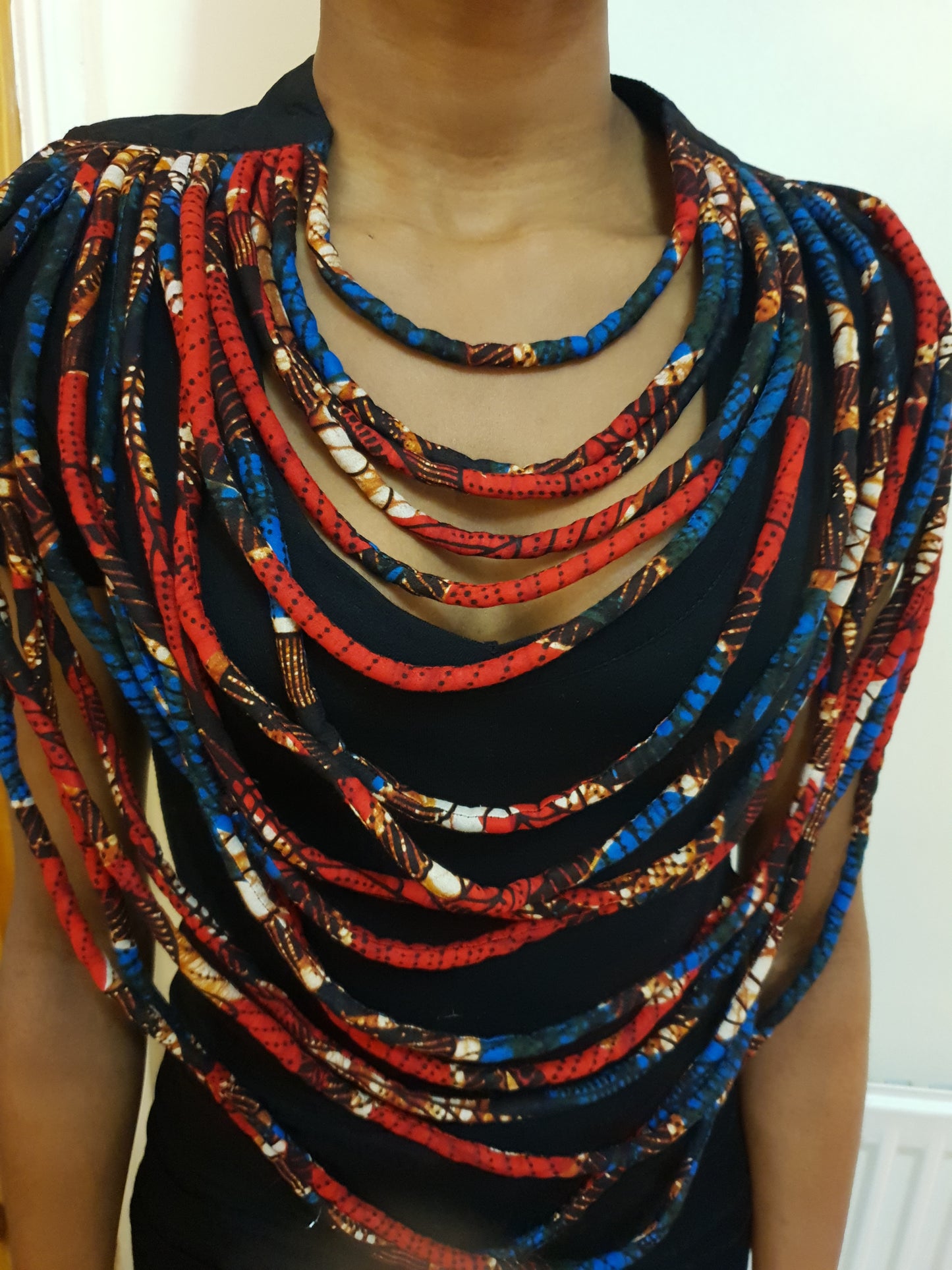 Red and blue African fabric large multi-layered statement necklace