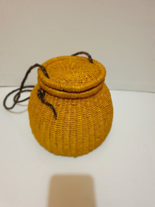 Mustard yellow rattan pot straw bag