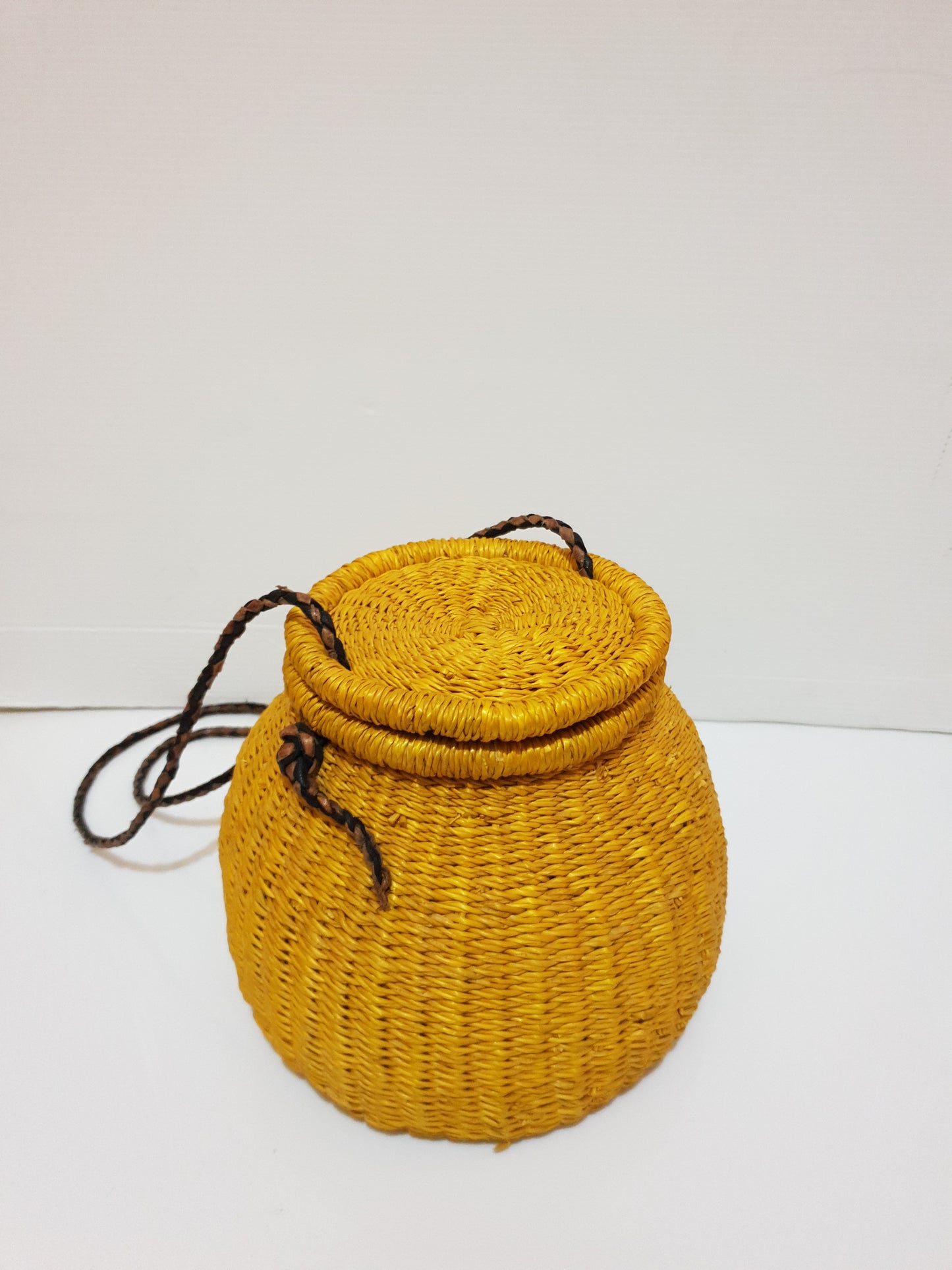Mustard yellow rattan pot straw bag