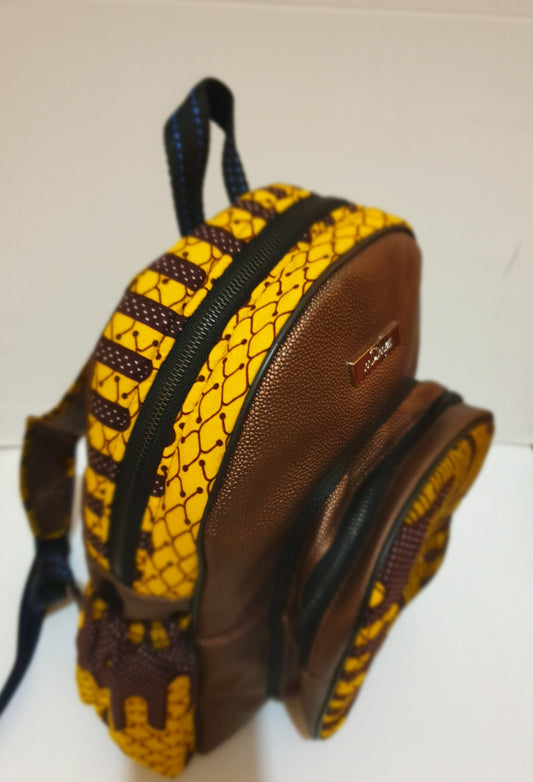 Leather and African print mini backpack - brown metallic