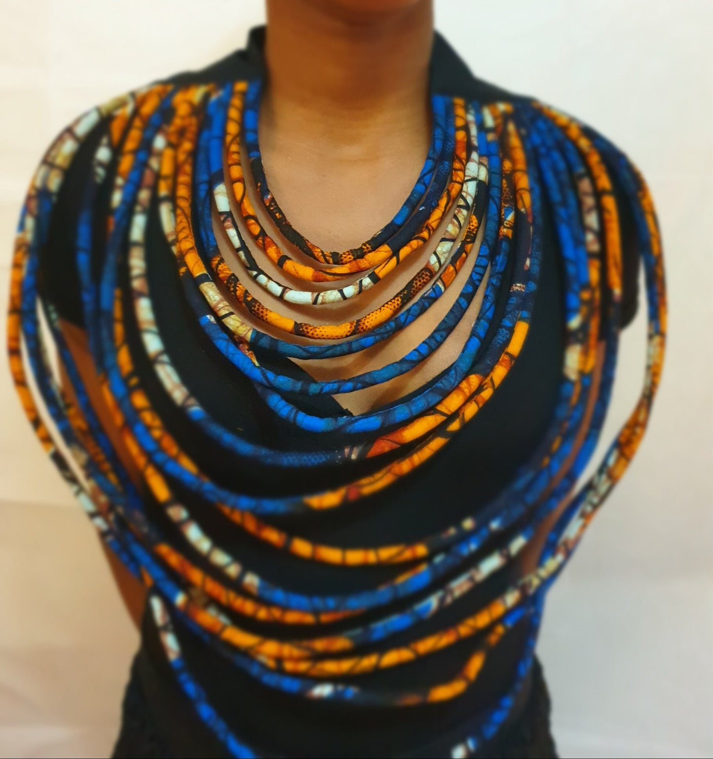 Layered african fabric statement necklace - Ankara necklace - Blue, yellow and orange