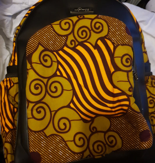 Black  handmade Leather and African print backpack