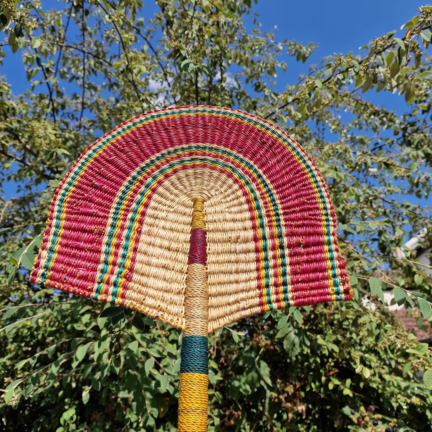 Red Beautiful handwoven and decorative Bolga fan, hand fan, African fan, Ghanaian fan