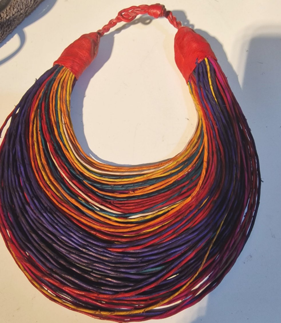 Multi-coloured leather layered statement necklace
