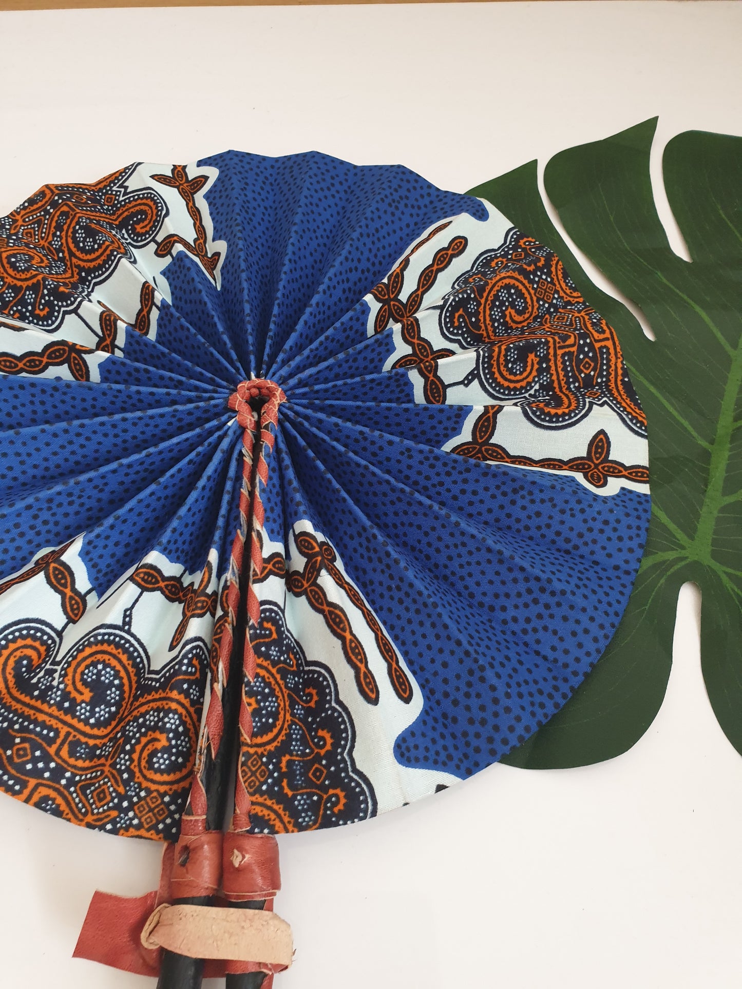 African Leather Folding Fan - Blue
