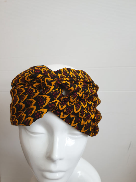 Wide African print turban style headband - brown