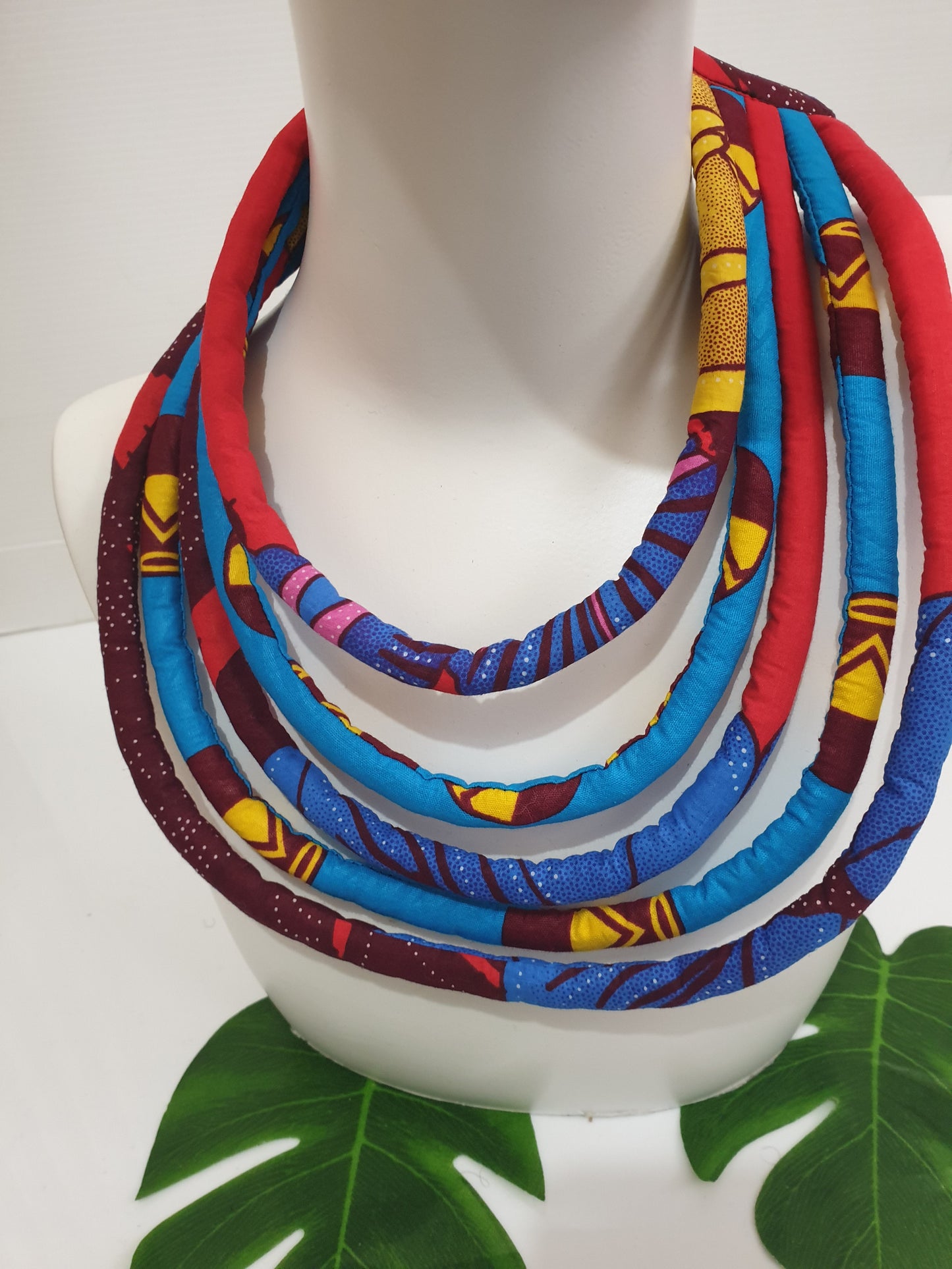 Multi-layered blue african fabric ankara print necklace