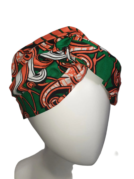 Green and orange Wide African print turban style headband