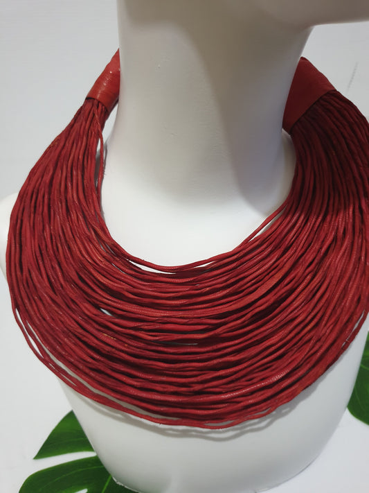 Red leather layered statement necklace - medium thickness