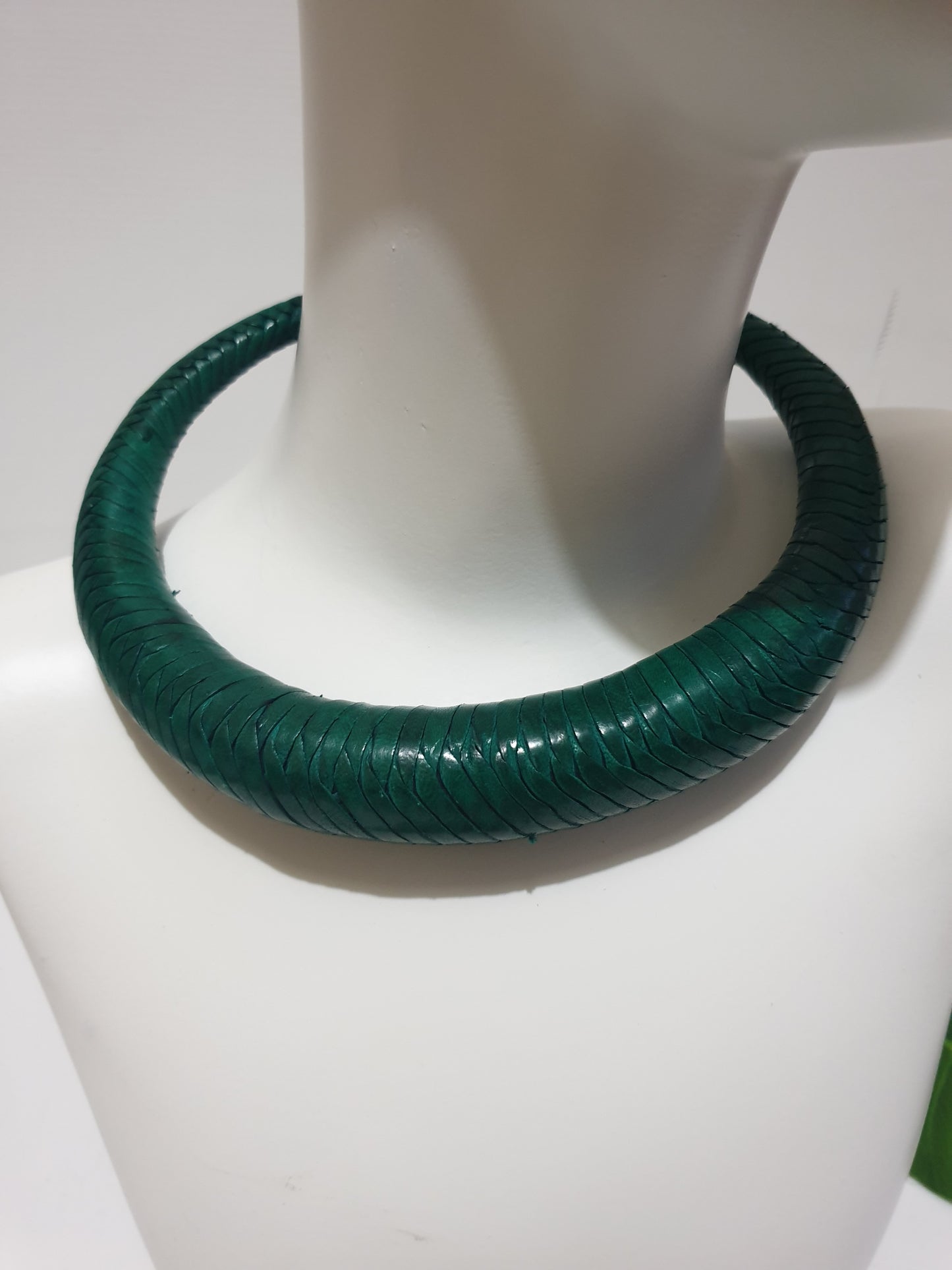 Thick Braided Leather Necklace - Green