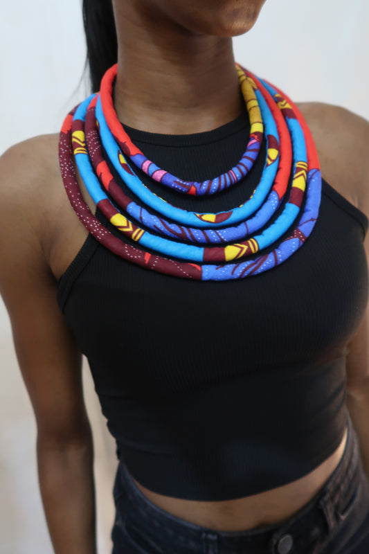 Multi-layered blue african fabric ankara print necklace