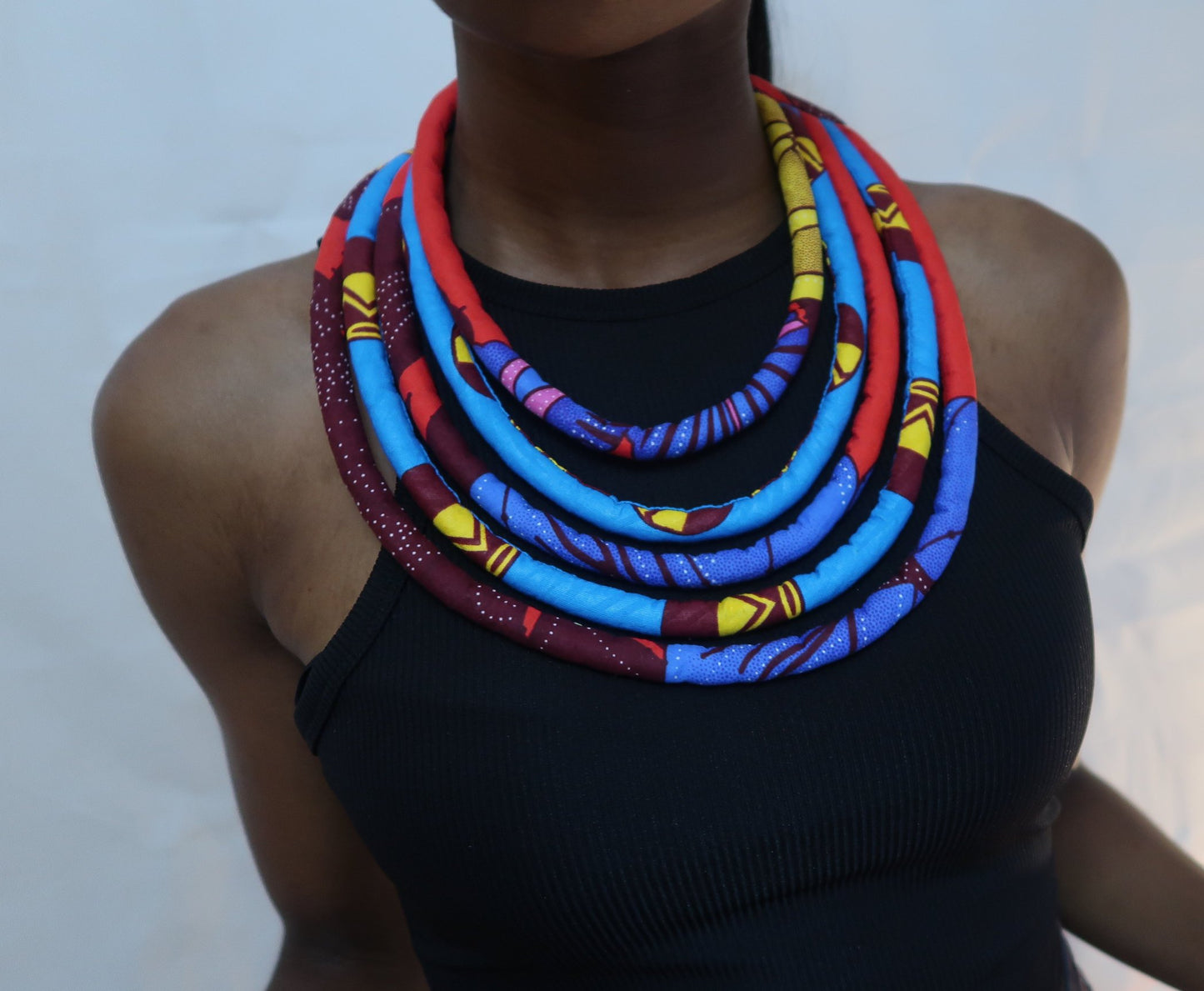 Multi-layered blue african fabric ankara print necklace