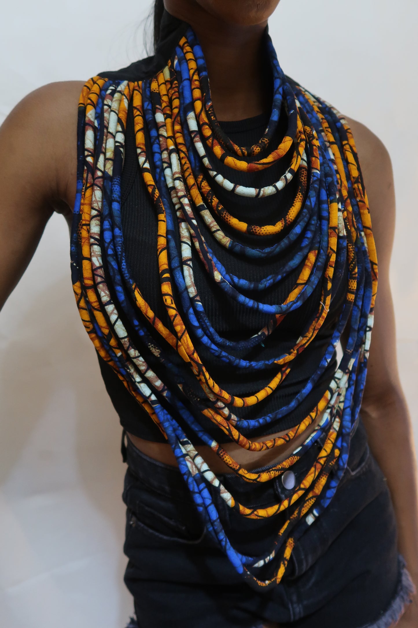 Layered african fabric statement necklace - Ankara necklace - Blue, yellow and orange
