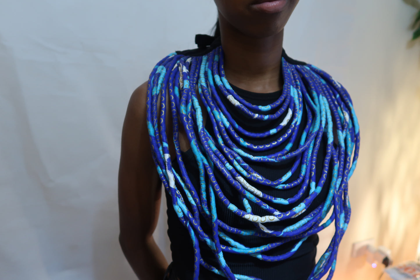 Layered african fabric statement necklace - Ankara necklace - Blue and white