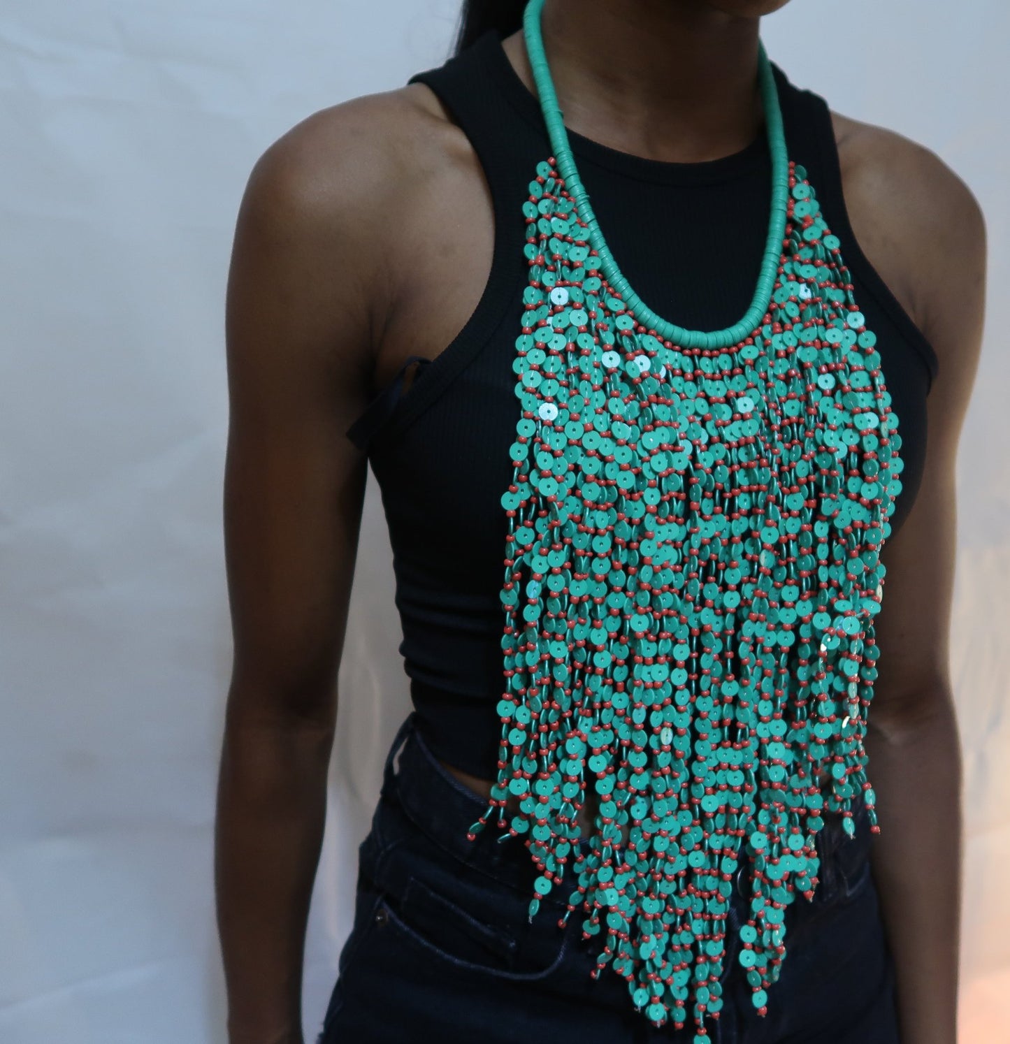Green flat bead multi layered statement necklace