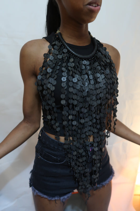 Black large flat bead layered bib statement necklace