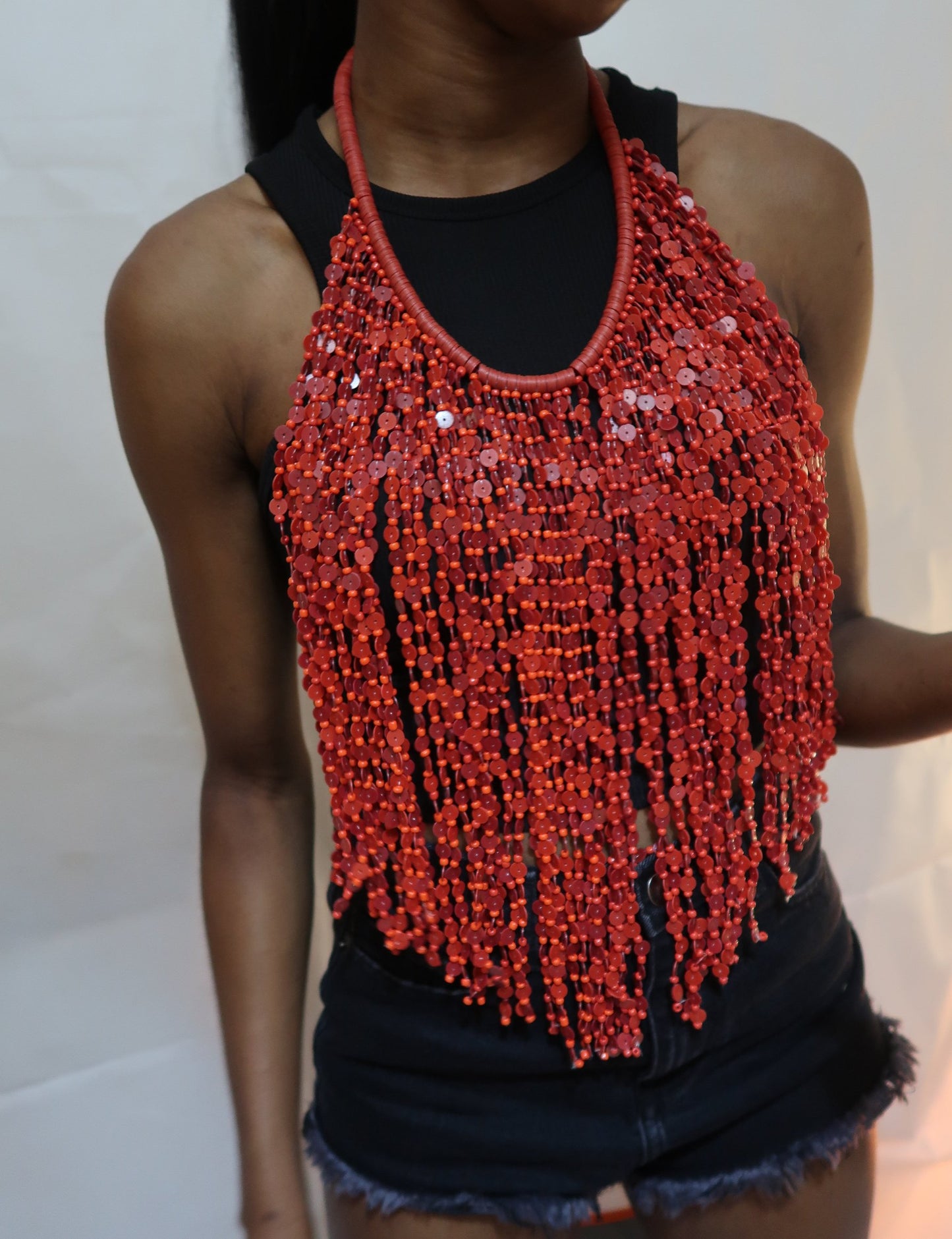 Red bead multi strand statement necklace