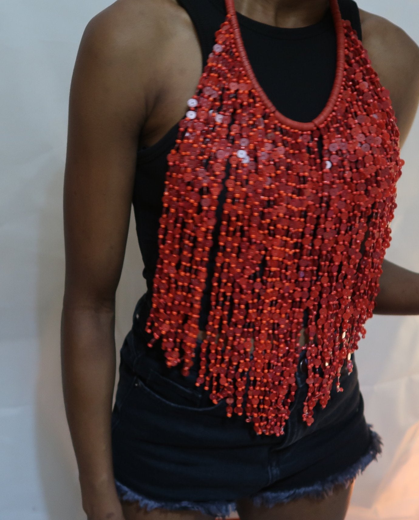 Red bead multi strand statement necklace