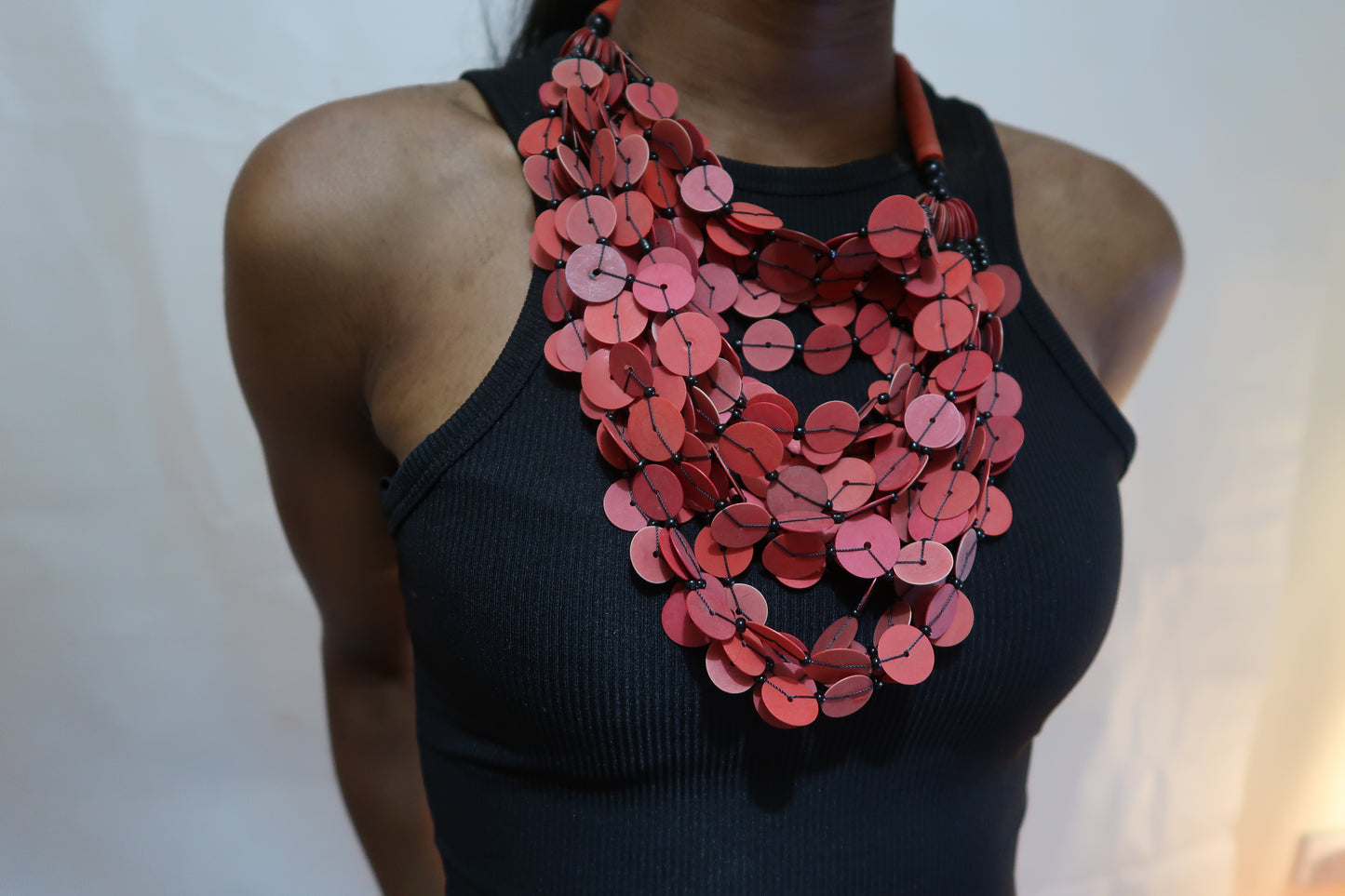 Red flat bead layered statement necklace
