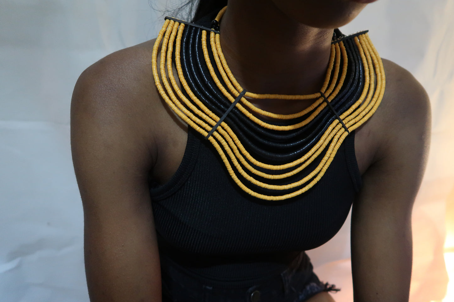 African flatbead statement necklace - yellow / mustard