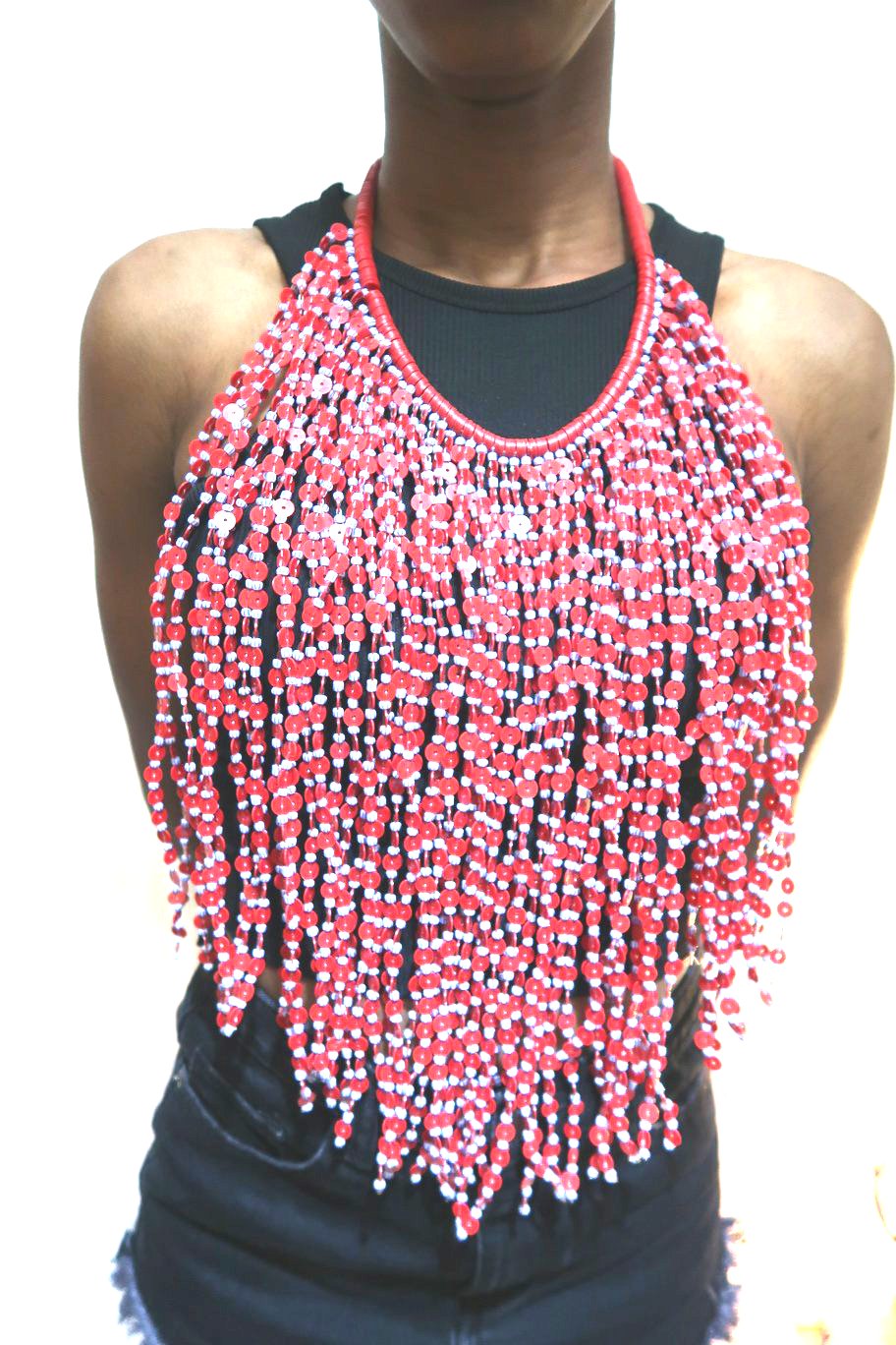 Red and white bead bib statement necklace