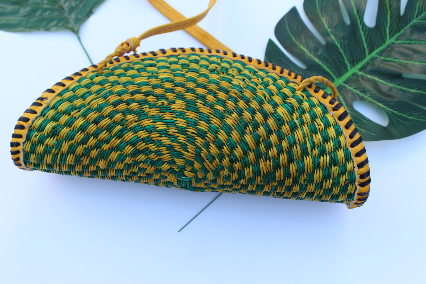 Fan shaped green and yellow straw bag