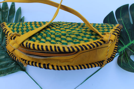 Fan shaped green and yellow straw bag