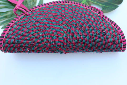 Fan shaped pink and green straw bag