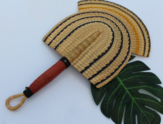 Blue and yellow beautiful handwoven and decorative Bolga fan, hand fan, African fan, Ghanaian fan