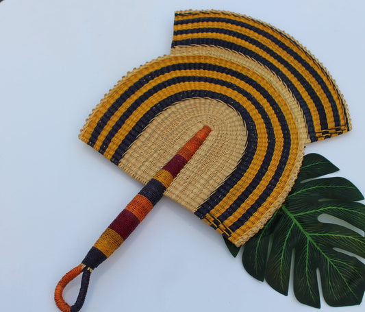 Yellow and brown beautiful handwoven and decorative Bolga fan, hand fan, African fan, Ghanaian fan